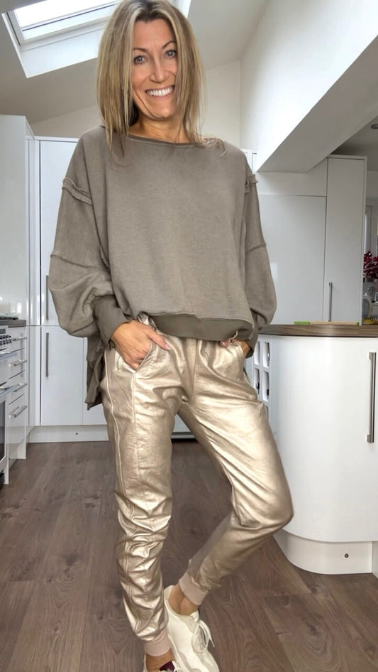 Ensemble Décontracté avec Col Rond pour Femmes + Pantalons en Cuir Synthétique