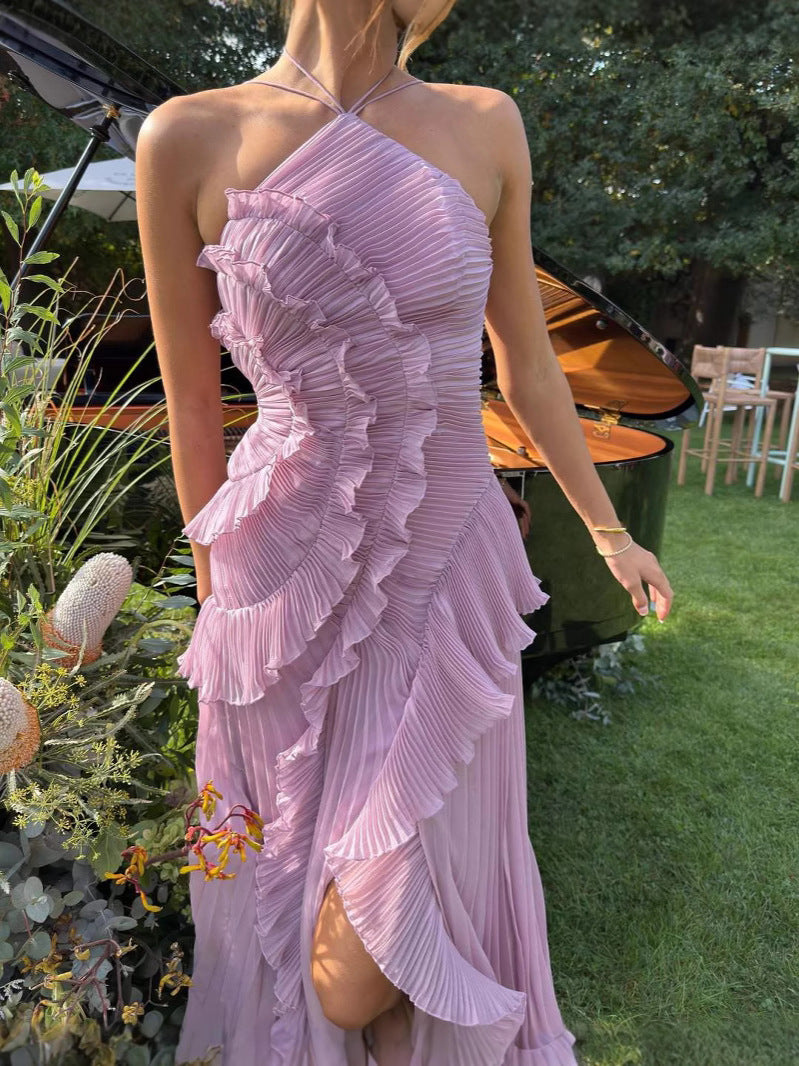 Francesca | Robe Longue Plissée – Décolleté Halter et Volants Uniques