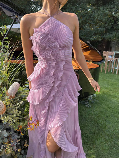 Francesca | Robe Longue Plissée – Décolleté Halter et Volants Uniques