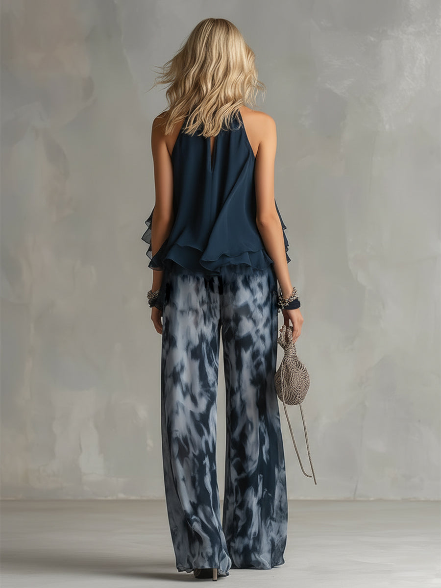 Ludovica | Top Halter Élégant Bleu Marine et Pantalons Amples Imprimés