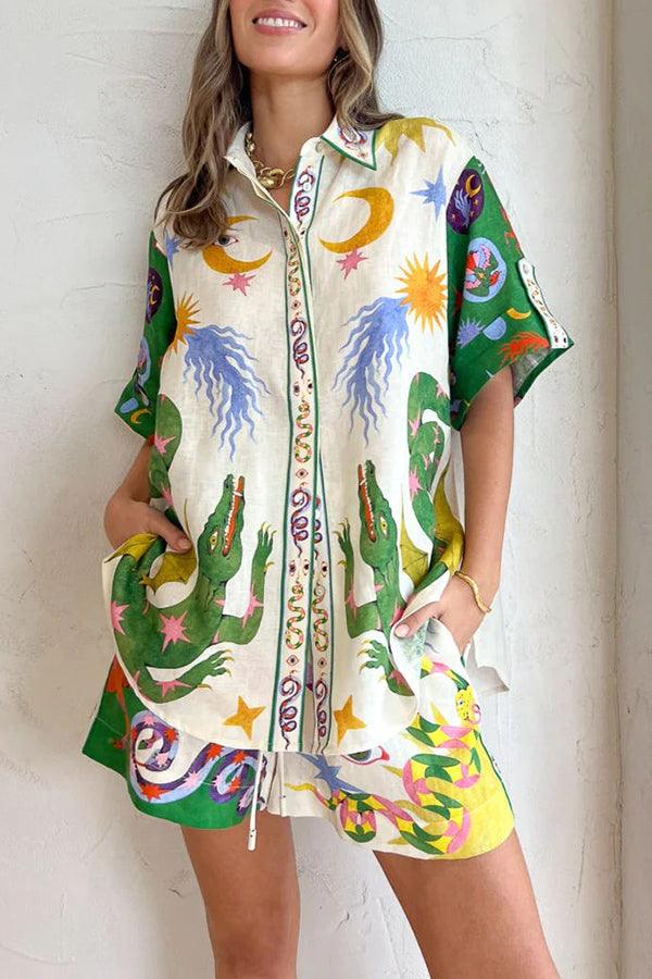 Céleste | Ensemble Blouse Imprimée et Shorts à Poches