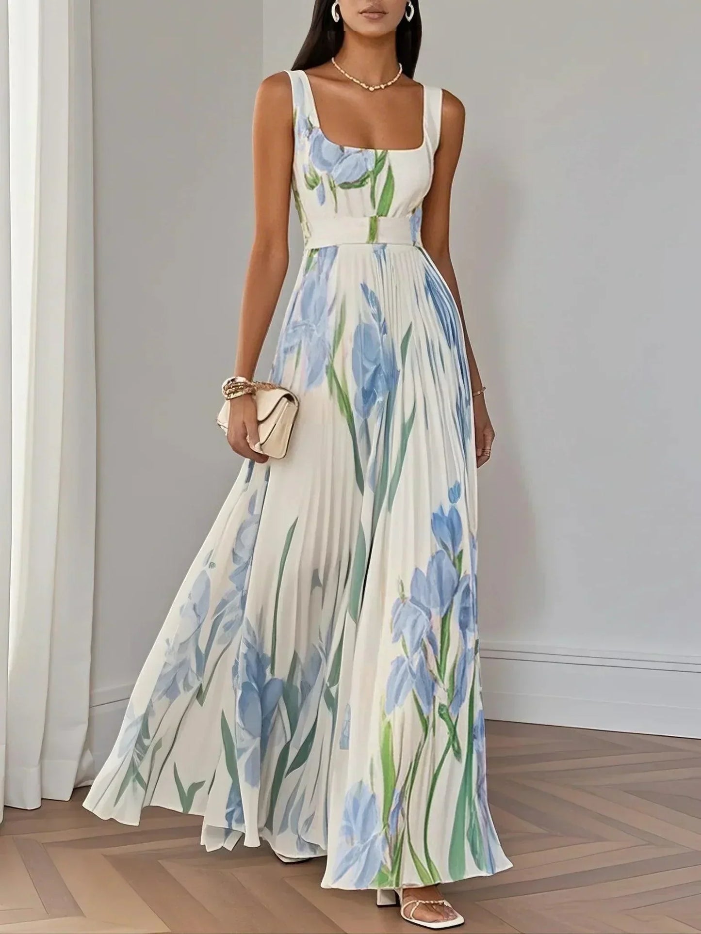 Marie | Robe Maxi en Chiffon à Fleurs Plissée Blanche