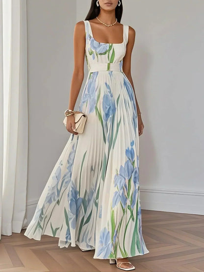 Marie | Robe Maxi en Chiffon à Fleurs Plissée Blanche