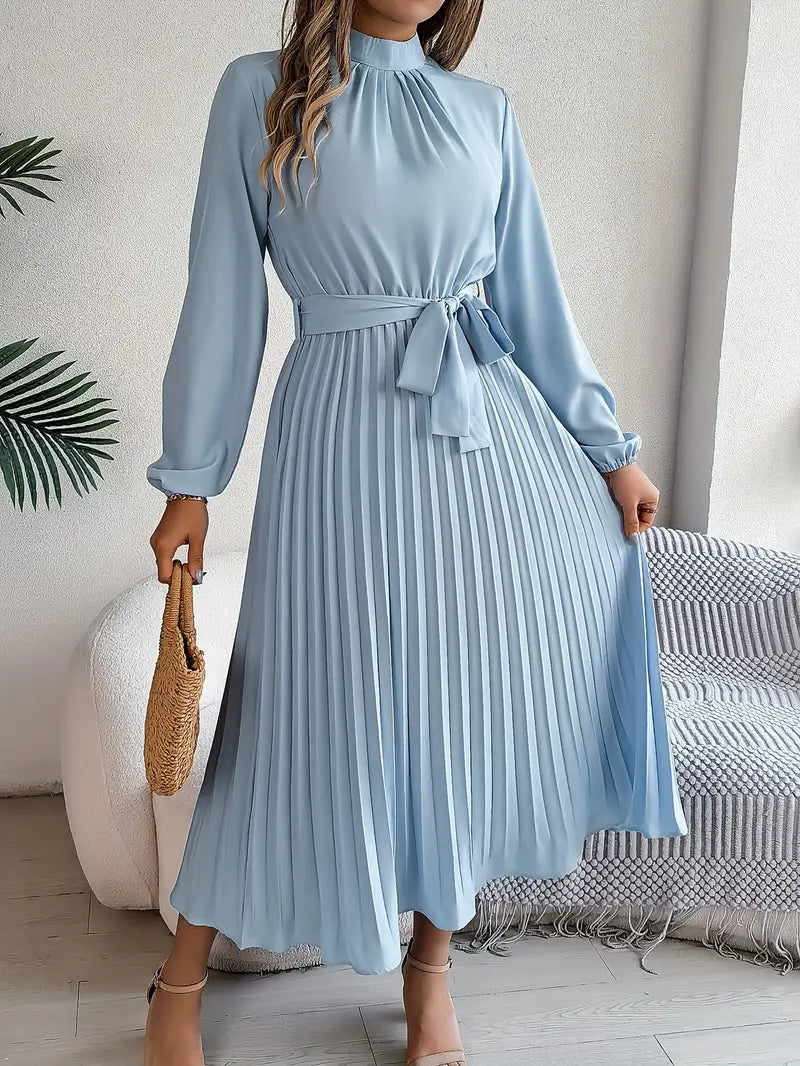 Robe Midi Plissée à Manches Longues pour Femmes avec Ceinture