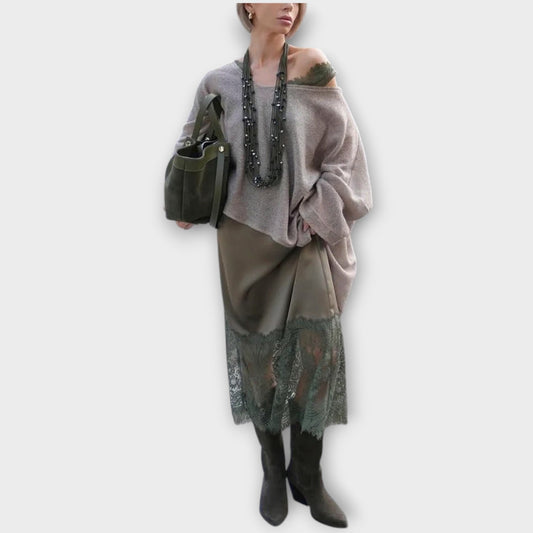 Jupe Midi en Satin avec Bord en Dentelle et Pull Décontracté