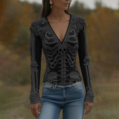 T-shirt décontracté à manches longues pour femmes avec art de squelette, roses et crâne, col en V pour Halloween