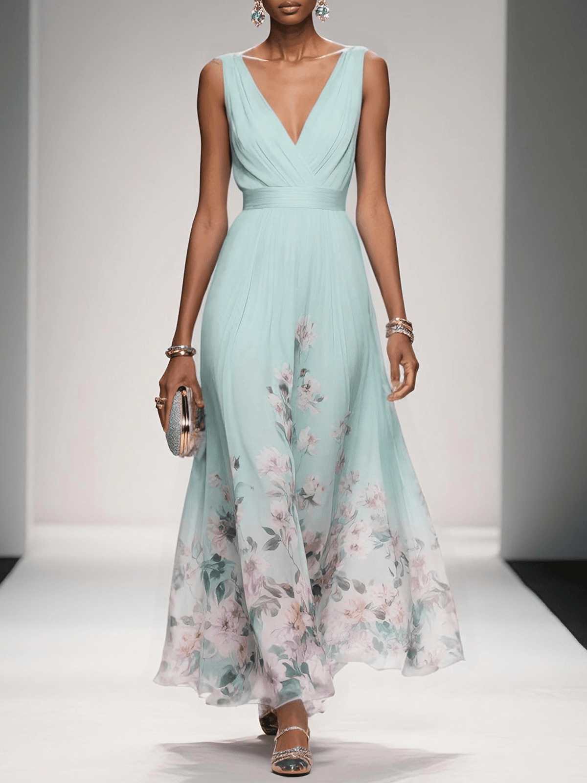 Rosa | Robe Maxi en Chiffon Floral V Bleu Clair