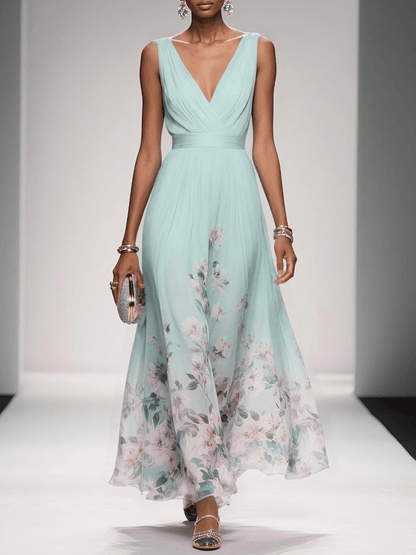 Rosa | Robe Maxi en Chiffon Floral V Bleu Clair