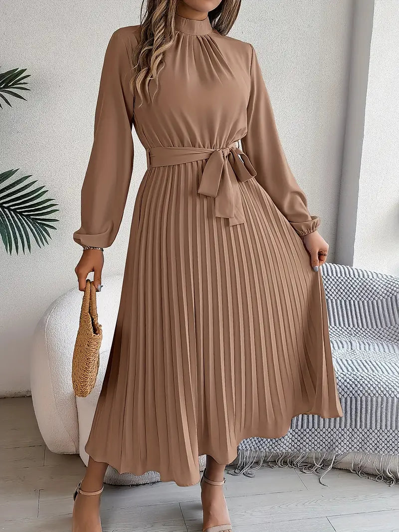 Robe Midi Plissée à Manches Longues pour Femmes avec Ceinture
