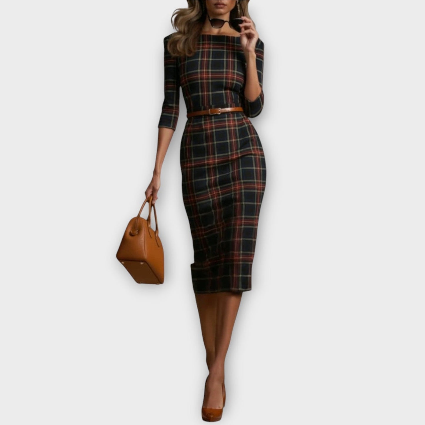 Robe Midi Crayon Élégante à Carreaux