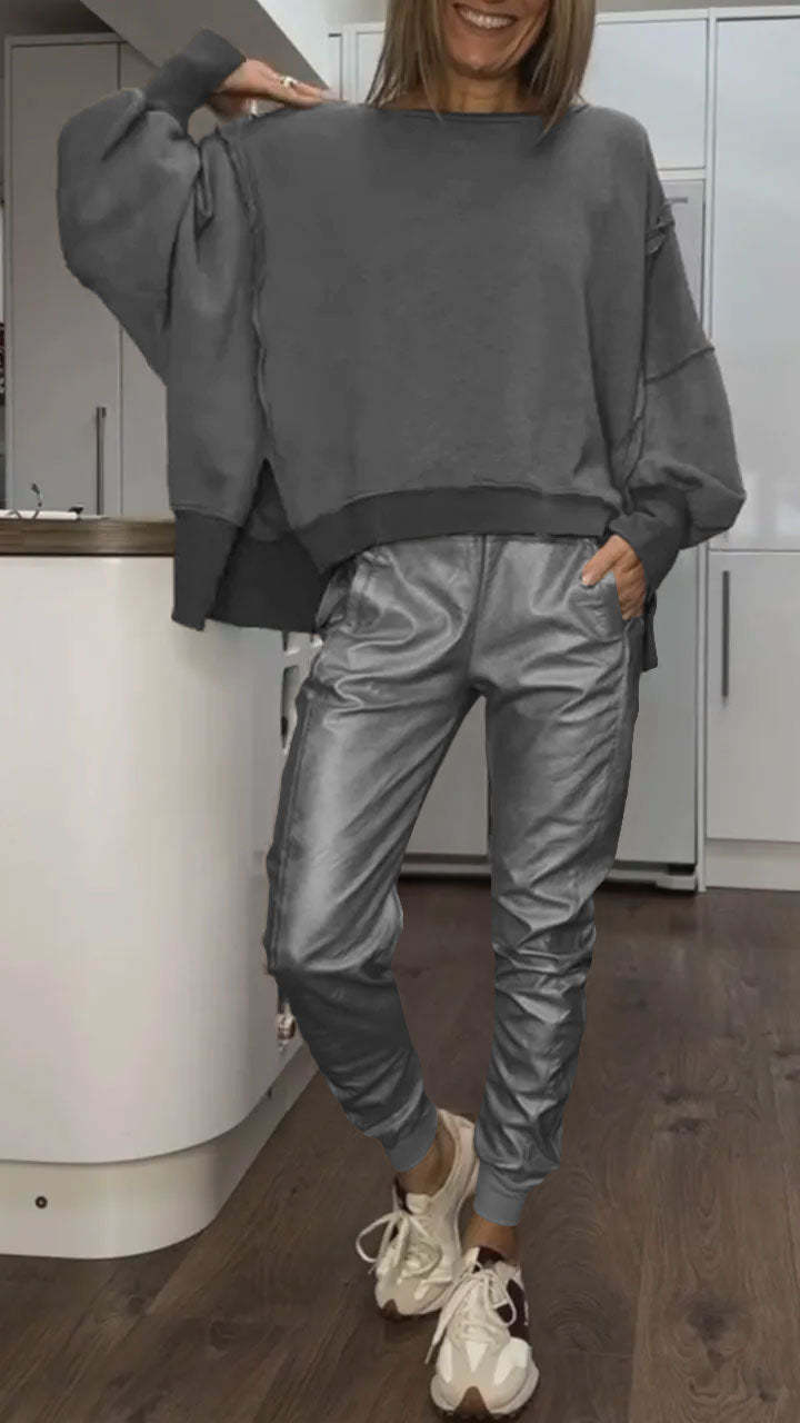 Ensemble Décontracté avec Col Rond pour Femmes + Pantalons en Cuir Synthétique