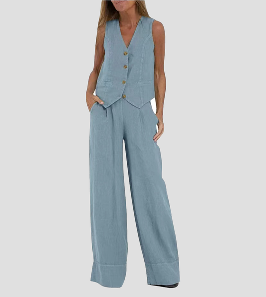 Jessica - Ensemble de Gilet Boutonné & Pantalons à Jambes Larges