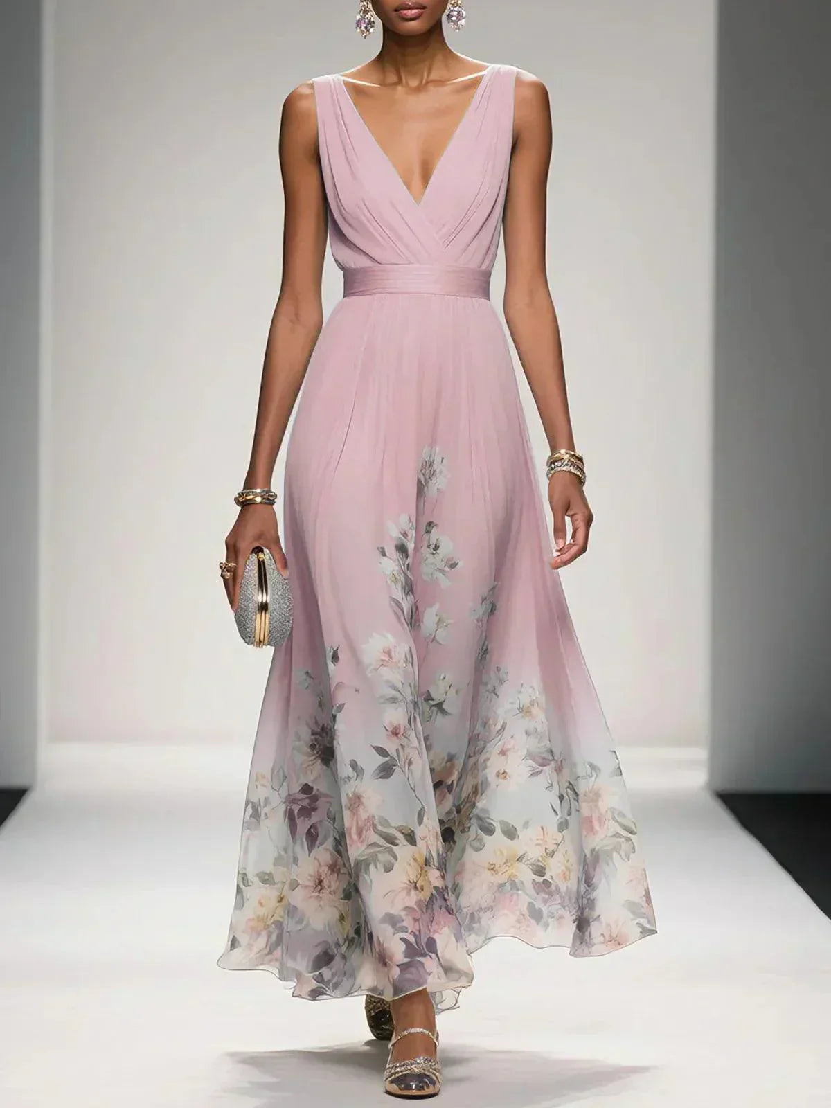 Rosa | Robe Maxi en Chiffon Floral V Bleu Clair