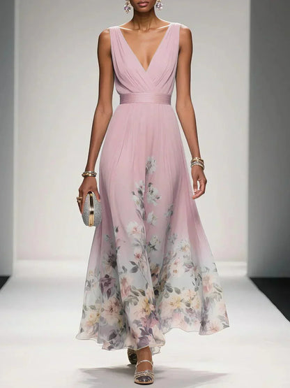 Rosa | Robe Maxi en Chiffon Floral V Bleu Clair