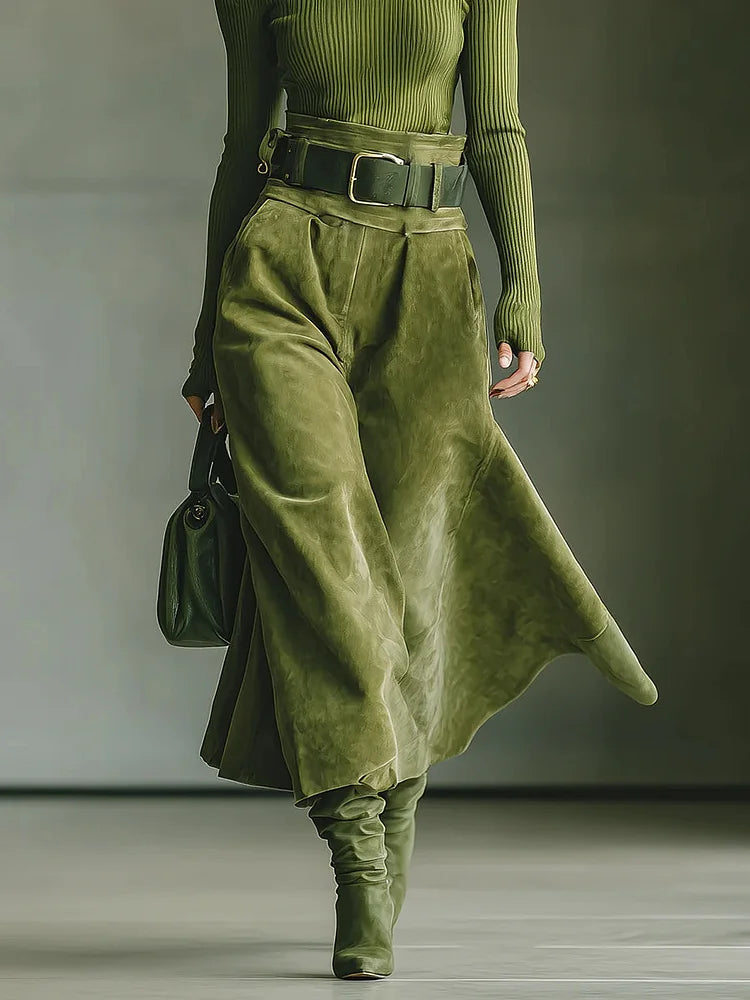 Ensemble top off-shoulder vert olive et jupe en daim (avec ceinture)