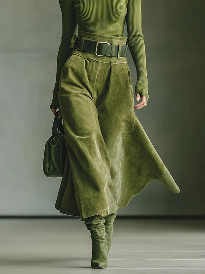 Ensemble top off-shoulder vert olive et jupe en daim (avec ceinture)