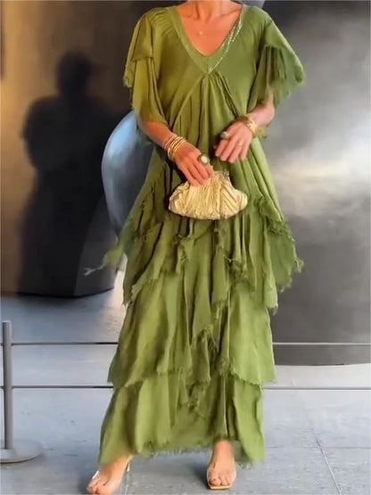 Robe Maxi Élégante Col V et Manches Froncées