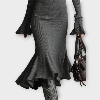 Robe Maxi Côtelée avec Fermeture Éclair
