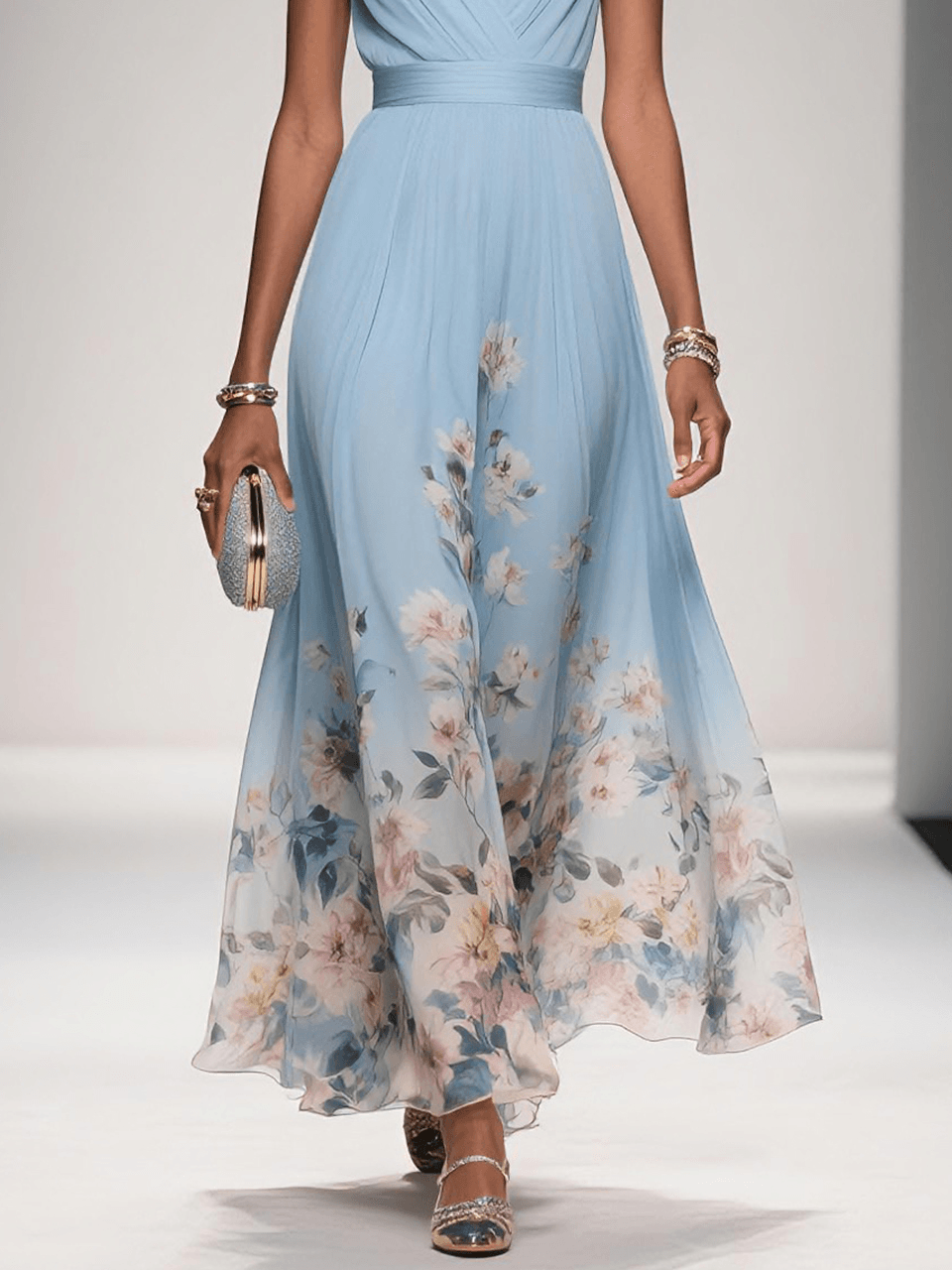 Rosa | Robe Maxi en Chiffon Floral V Bleu Clair