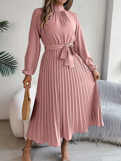 Robe Midi Plissée à Manches Longues pour Femmes avec Ceinture