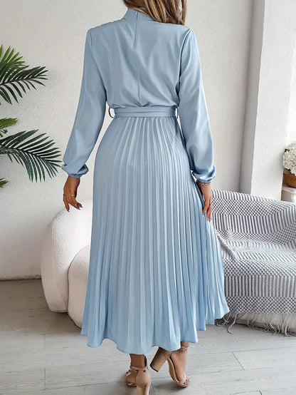 Robe Midi Plissée à Manches Longues pour Femmes avec Ceinture