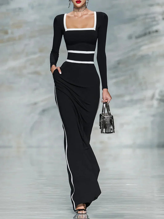 Robe Maxi Ajustée à Manches Longues avec Décolleté Carré et Bord Bicolore (Blanc et Noir)