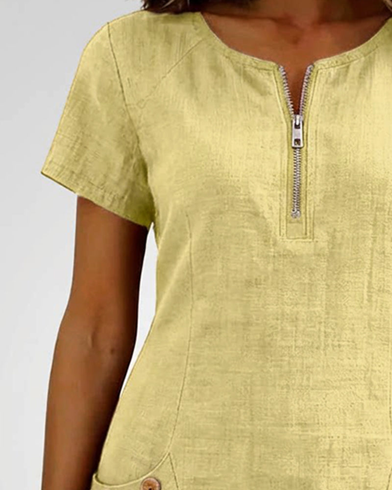 Robe Courte en Lin et Coton avec Fermeture Éclair - Coupe A-Line Élégante