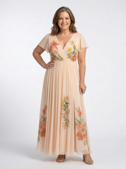 Calista | Robe maxi plissée à fleurs à col en V et manches courtes