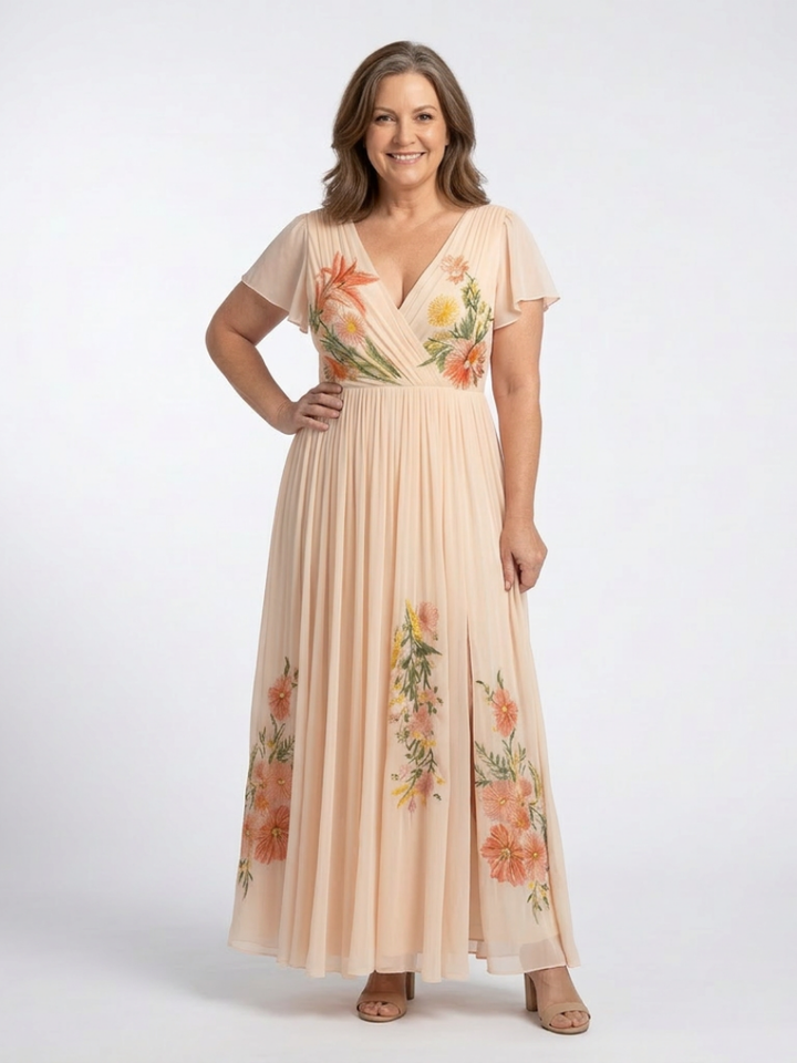 Calista | Robe maxi plissée à fleurs à col en V et manches courtes