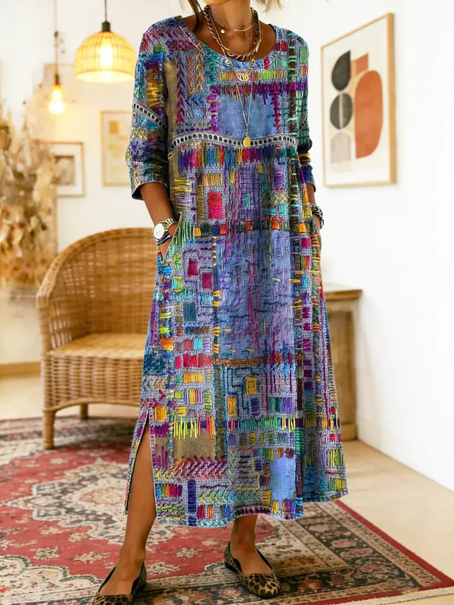 Manuela Robe en Denim avec Patchwork Ethnique