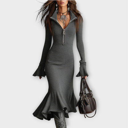 Robe Maxi Côtelée avec Fermeture Éclair