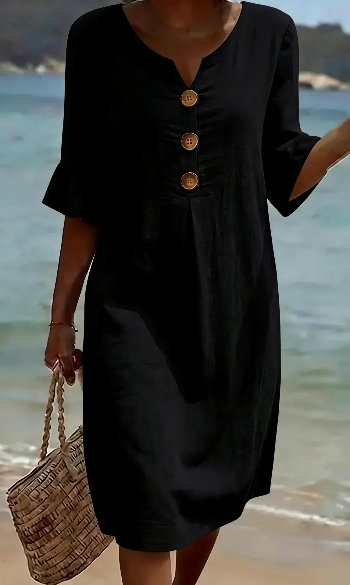 Vanesa | Robe en lin avec texture, manches bouffantes et boutons