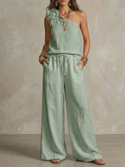 Ensemble Bicolore Élégant - Chemise Sans Manches et Pantalons