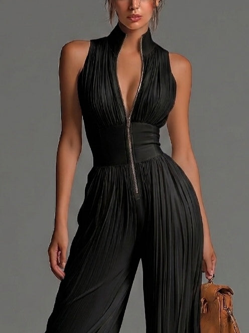 Combinaison sans manches à col en V noir avec fermeture éclair et plissée à jambes larges en chiffon