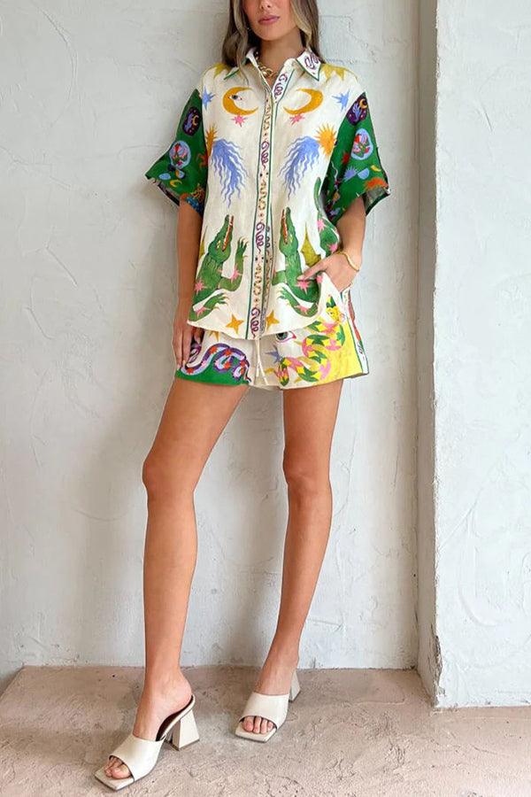 Céleste | Ensemble Blouse Imprimée et Shorts à Poches