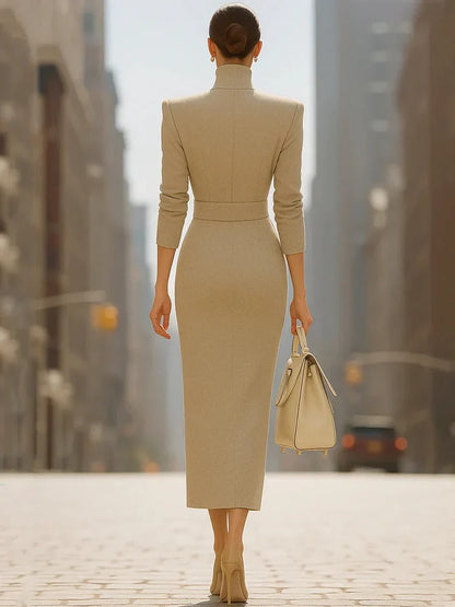 Robe à col montant, taille cintrée et fente