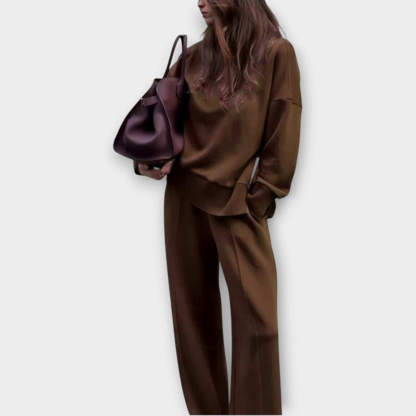 Ensemble de Pull Détendu avec Col Montant et Pantalons à Jambes Larges