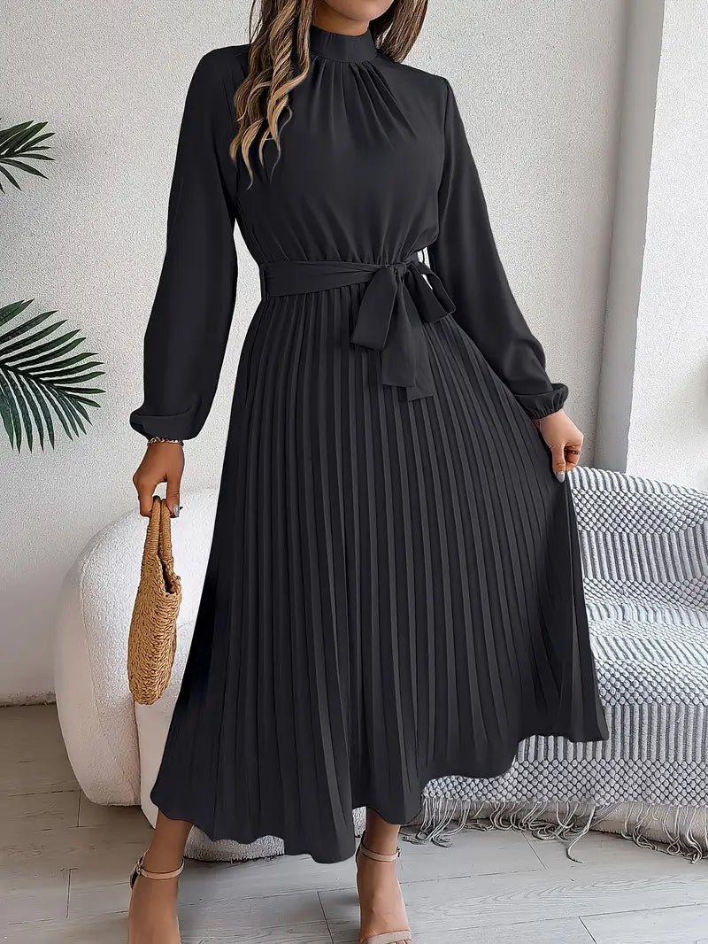 Robe Midi Plissée à Manches Longues pour Femmes avec Ceinture