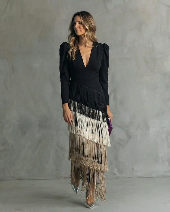 Clara ™ | Robe Midi Élégante avec Manches à Franges