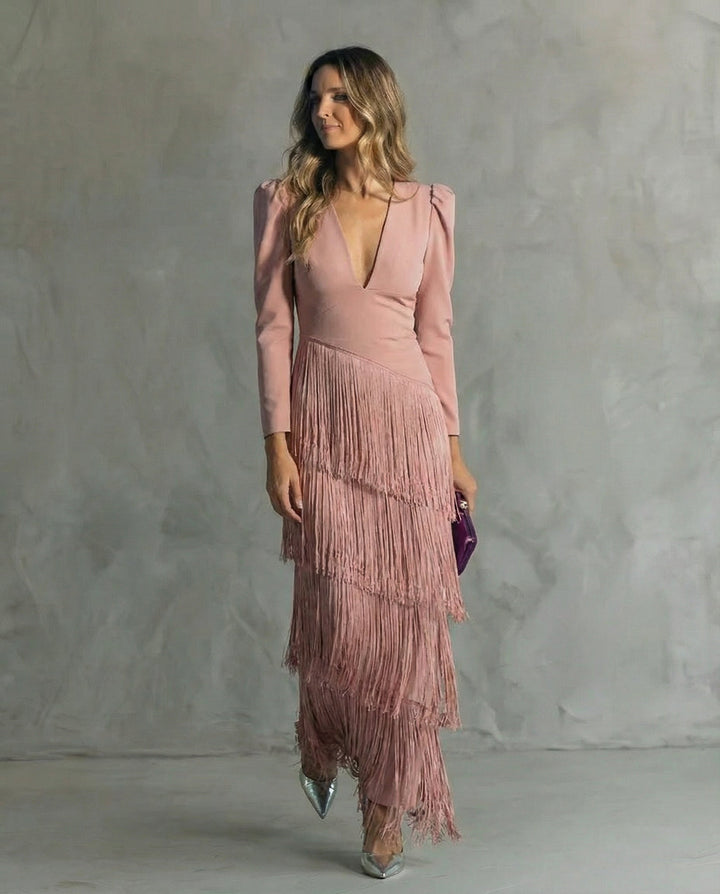 Clara ™ | Robe Midi Élégante avec Manches à Franges