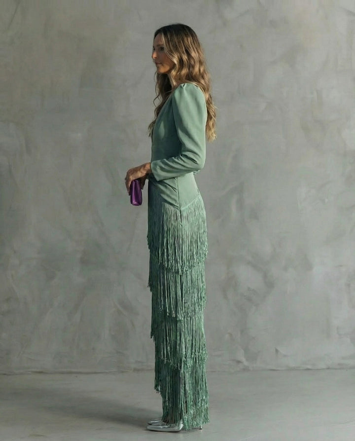 Clara ™ | Robe Midi Élégante avec Manches à Franges