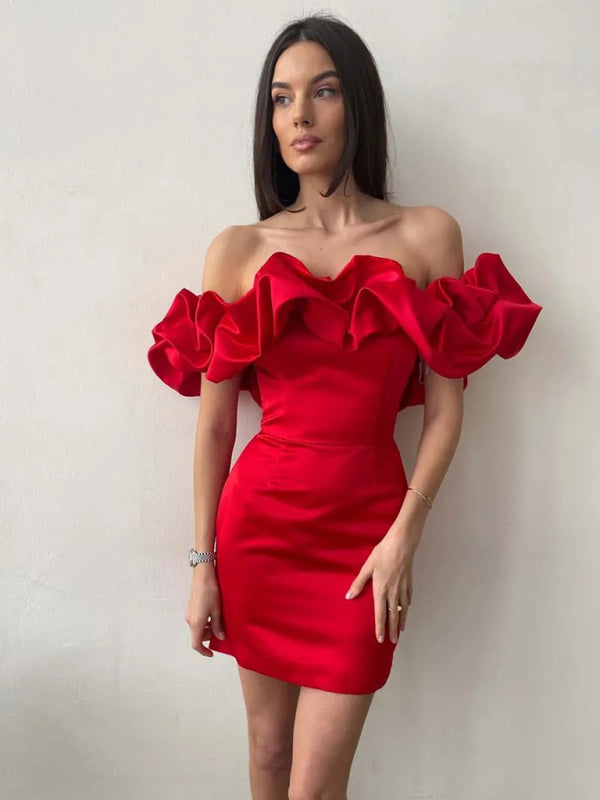 Waverly - Robe en satin à volants sans épaules