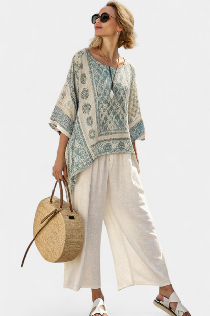 Quinley | Blouse Imprimée Confortable & Pantalons Blancs à Jambes Larges