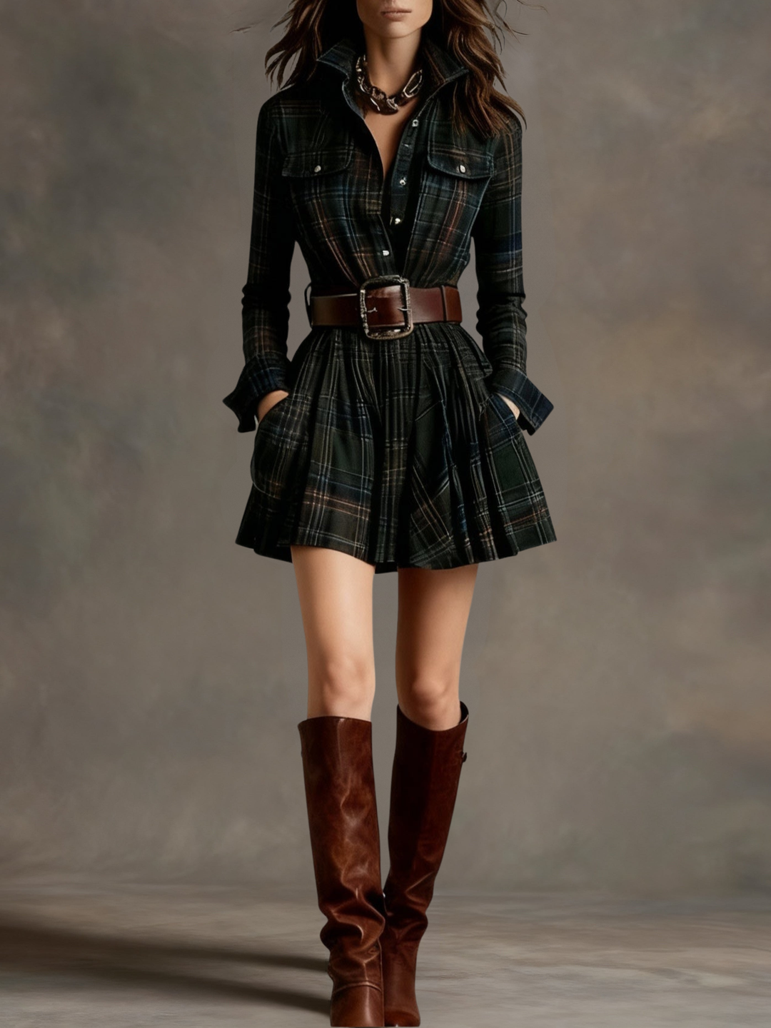 Bárbara | Robe courte chemise à carreaux vintage