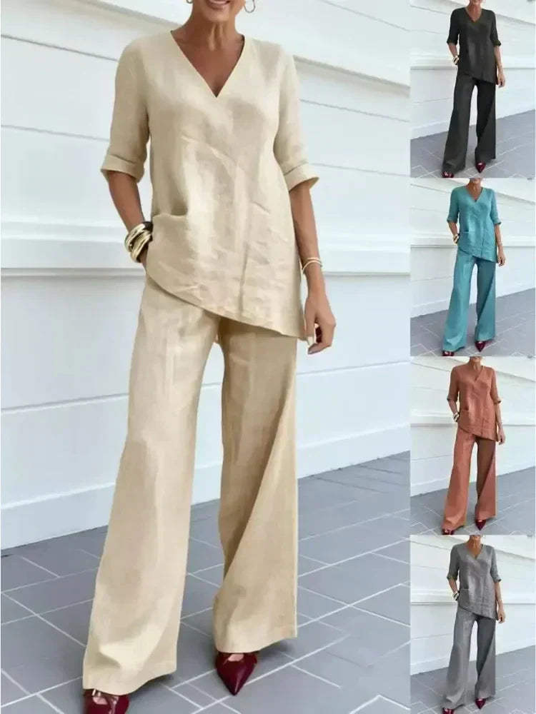 Céline | Ensemble Deux Pièces avec Top à Manches Trois Quarts et Pantalons Droits