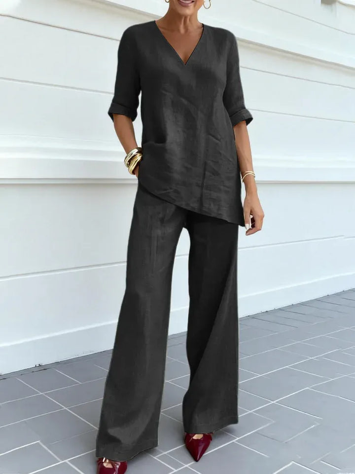Céline | Ensemble Deux Pièces avec Top à Manches Trois Quarts et Pantalons Droits
