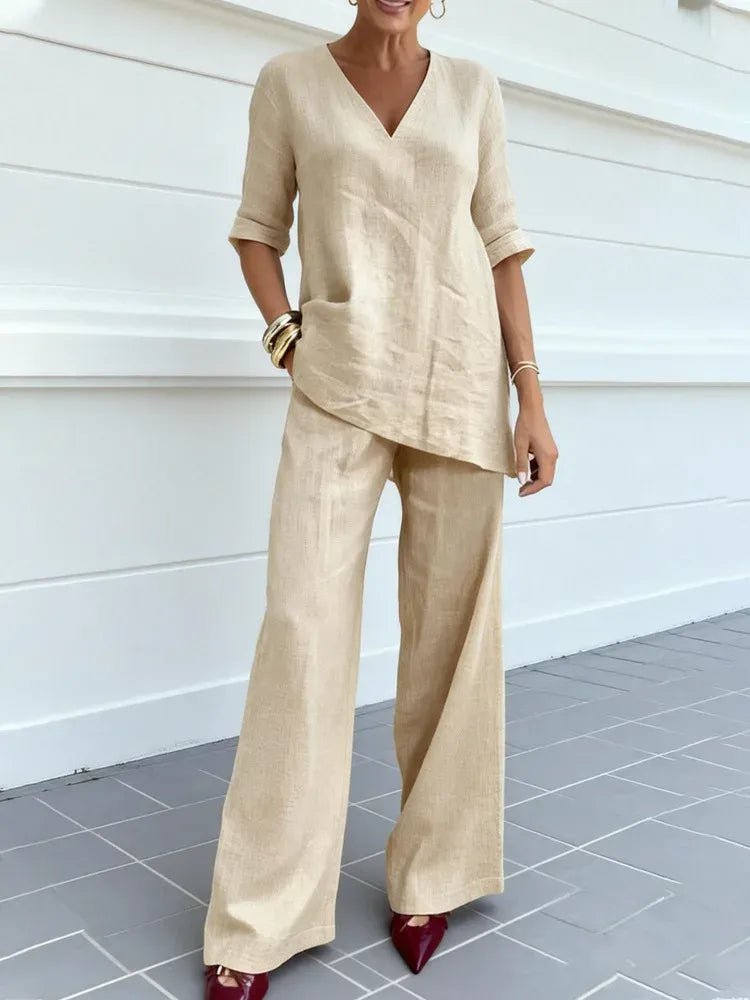 Céline | Ensemble Deux Pièces avec Top à Manches Trois Quarts et Pantalons Droits