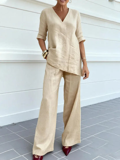 Céline | Ensemble Deux Pièces avec Top à Manches Trois Quarts et Pantalons Droits