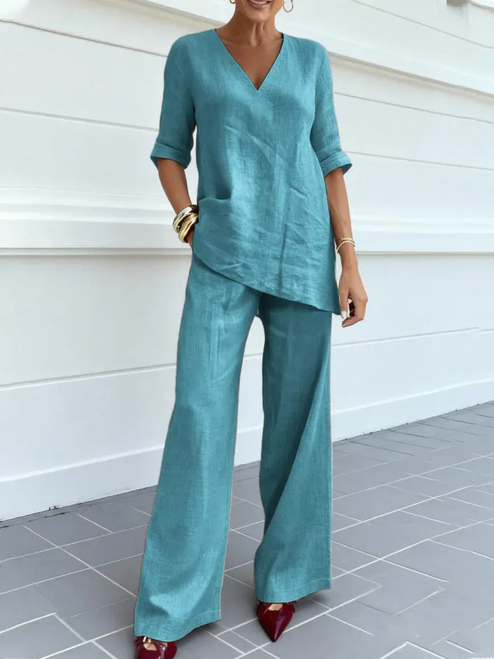 Céline | Ensemble Deux Pièces avec Top à Manches Trois Quarts et Pantalons Droits
