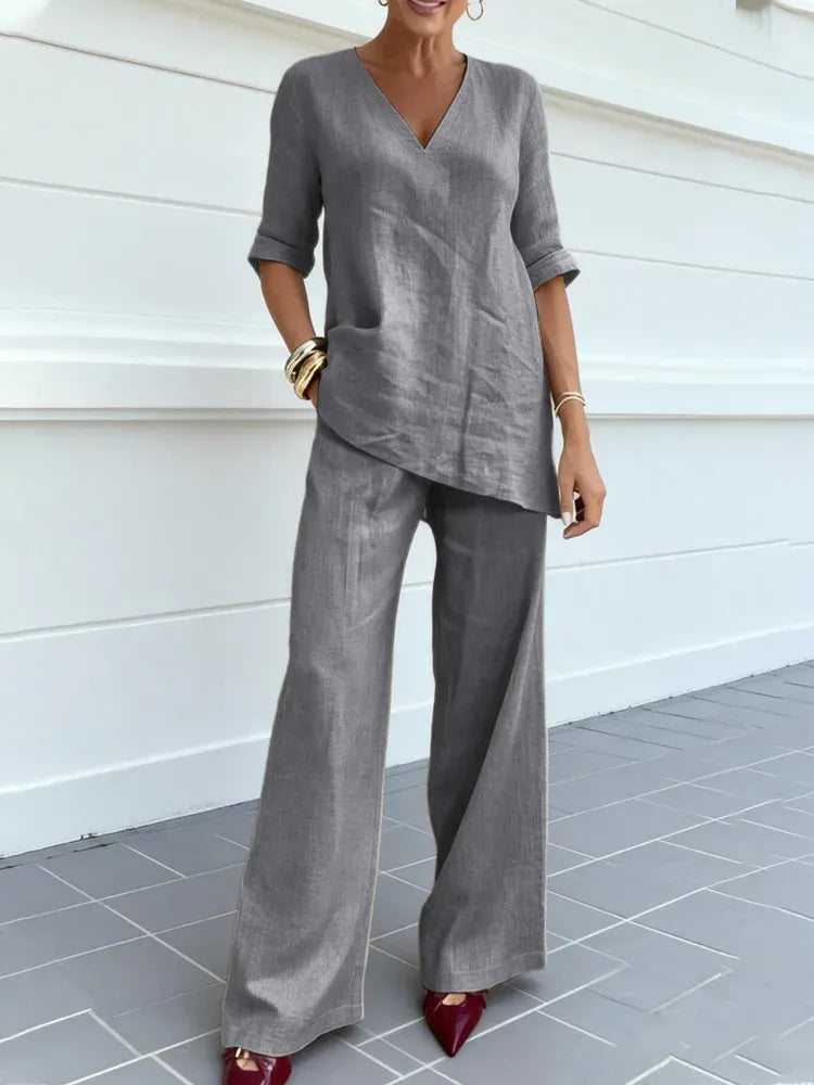 Céline | Ensemble Deux Pièces avec Top à Manches Trois Quarts et Pantalons Droits